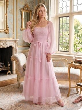 Listicle Pink Shear Bridgerton Style Romantic Gauzy Dress - Size Large